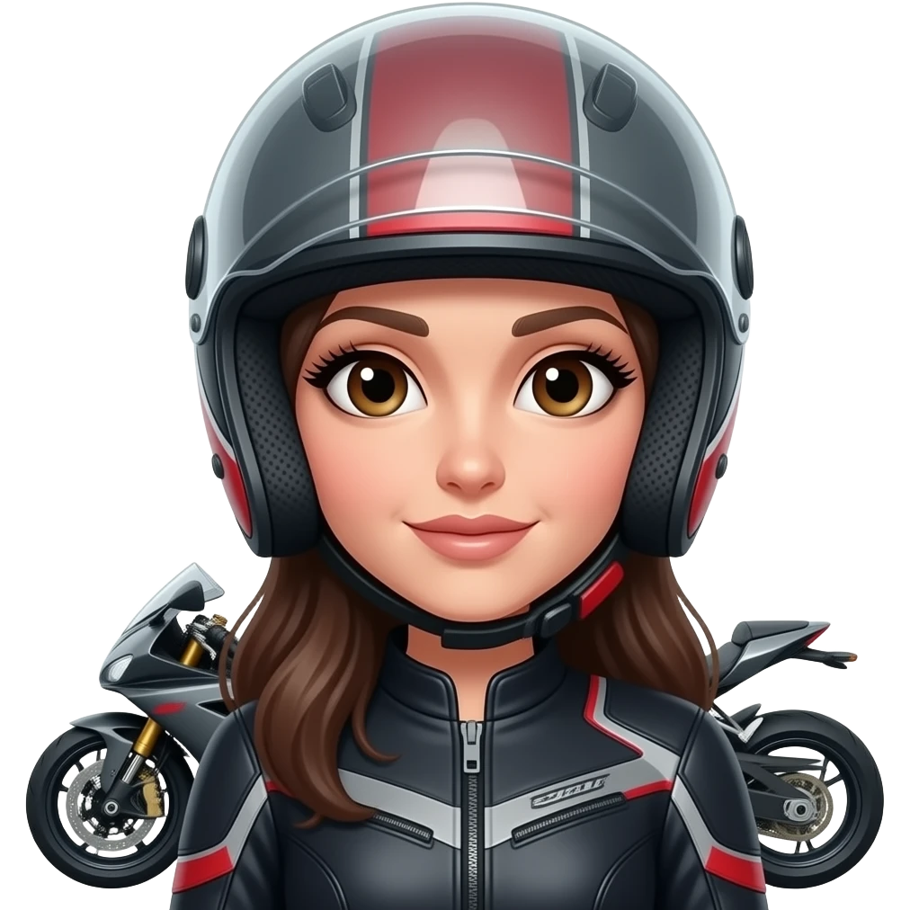 mulher com um capacete de mota que só aparece os seus olhos porem aberto e que se veja os cílios bem grandes e a mota ao lado da mulher e a mesma com roupa de motoqueira com os olhos mais relaxados emoji