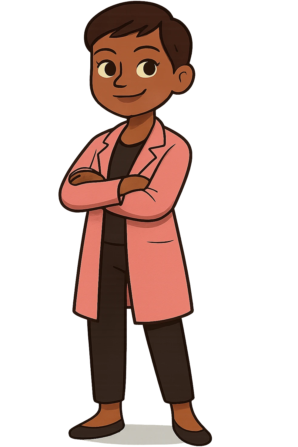 morena woman with short hair, pink lab coat, black pants, cartoon style emoji
