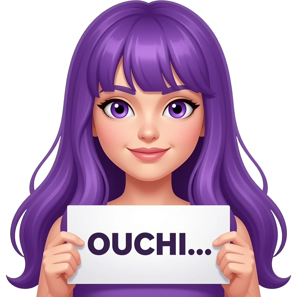 sexy girl with long purple hair and purple eyes holding a OUCHI... sign emoji
