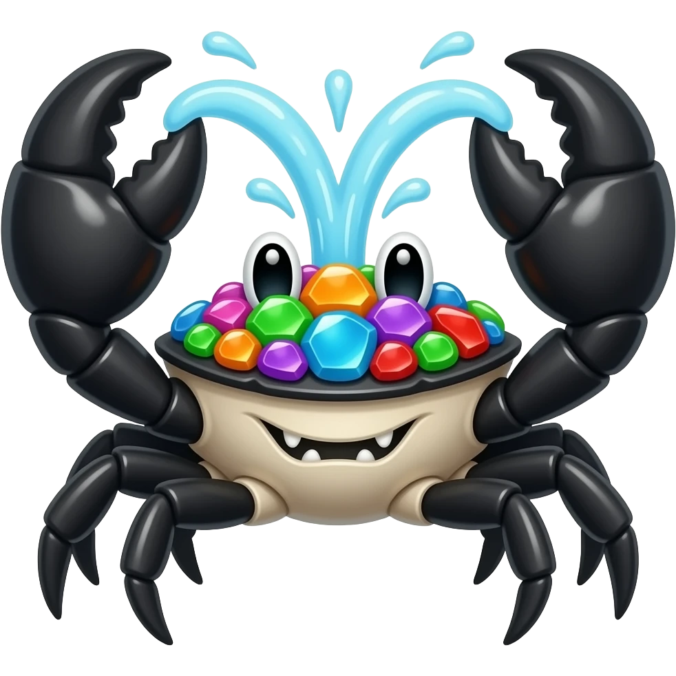 Marinibble A fast and dangerous black and white crab-like creature that gathers shiny multicolored stones on its back. It snaps a 4 big strong claws that burst with pressurized water. emoji