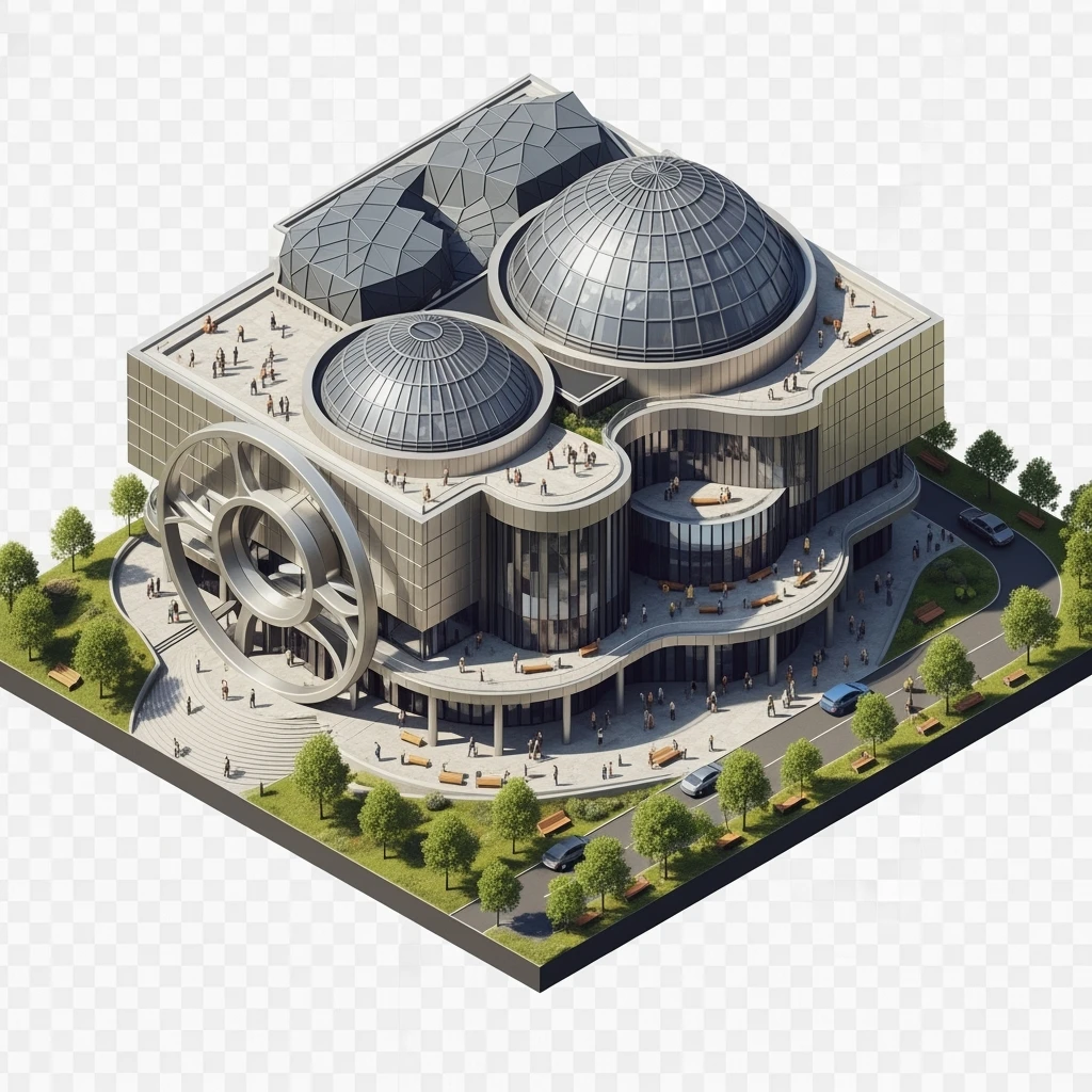Isometric photorealistic illustration of Birmingham library highly detailed in semi-realistic, 3D miniature effect, transparent background. emoji