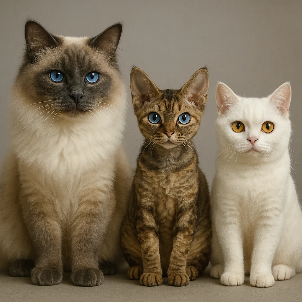 Three cats side by side: left is a large blue point Birman male with blue eyes, center is a petite brown tabby Devon Rex female with pale blue eyes, right is a small white British Shorthair female with yellow eyes. emoji