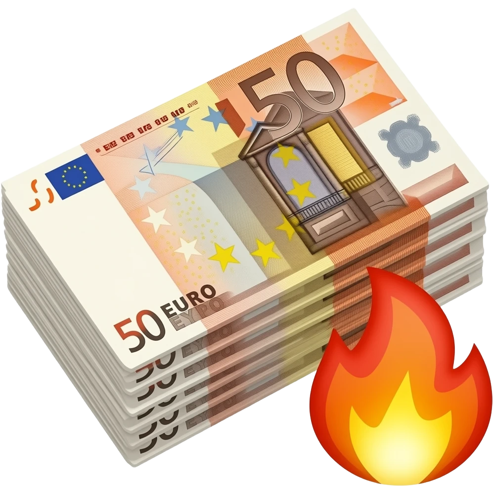 €50 banknote stack with authentic iOS emoji-style flames, smooth rounded gradients, glossy highlights, polished 3D emoji aesthetic, crisp layered bill edges, transparent background. emoji