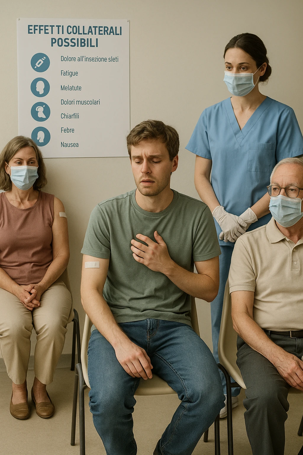 a group of people in a waiting area after vaccination, with one person looking slightly uncomfortable or dizzy. A nurse is nearby, ready to assist, and informational materials about possible side effects are visible on the wall. The mood is calm and responsible, emphasizing monitoring and care. in italiano emoji