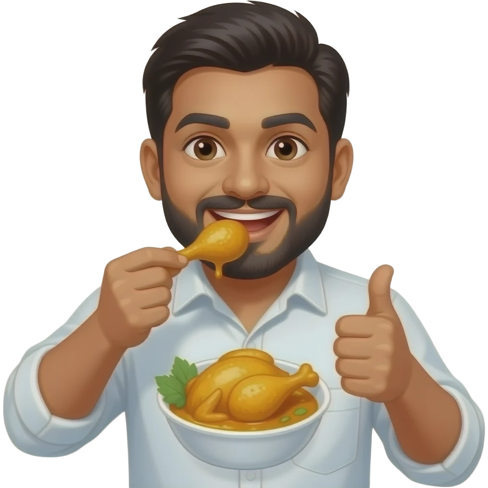 An Indian man eating yellow chicken and curry with his thumbs up emoji