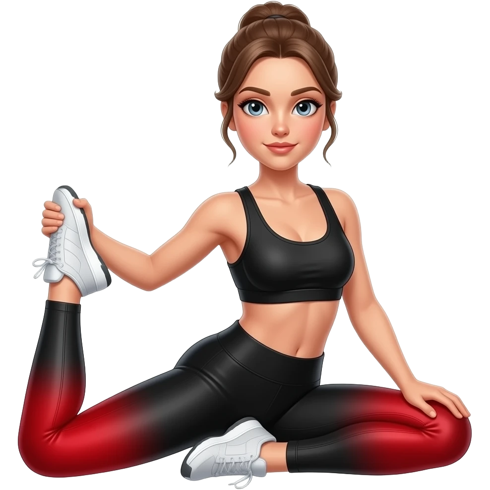 all leg pain, red glow on all thighs and all legs, woman holding one leg, fair-skinned woman, gray-blue eyes, ash brown brows, ash light brown hair tied back, slim athletic body, black workout set emoji