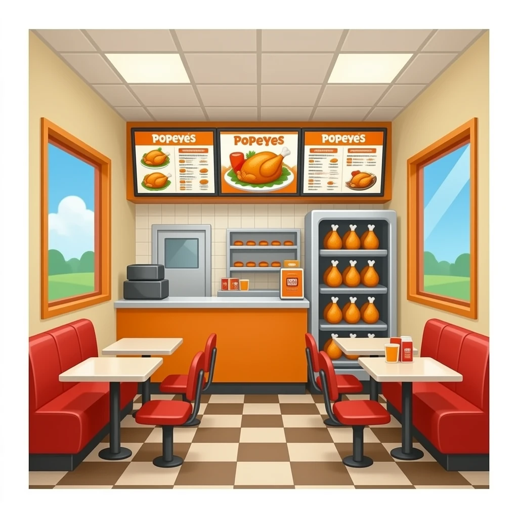 Interior of a Popeyes with chicken on the rack emoji