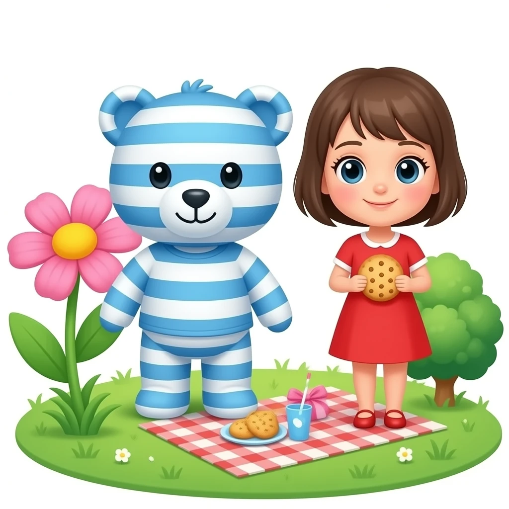Mon ours en peluche : Décor d'un pique-nique. Une fillette aux cheveux courts et au teint clair, vêtue d'une robe rouge, se tient la main dans un biscuit. Au milieu d'une fleur, un ours en peluche à rayures bleues et blanches porte un t-shirt. Un buisson complète l'ensemble. emoji