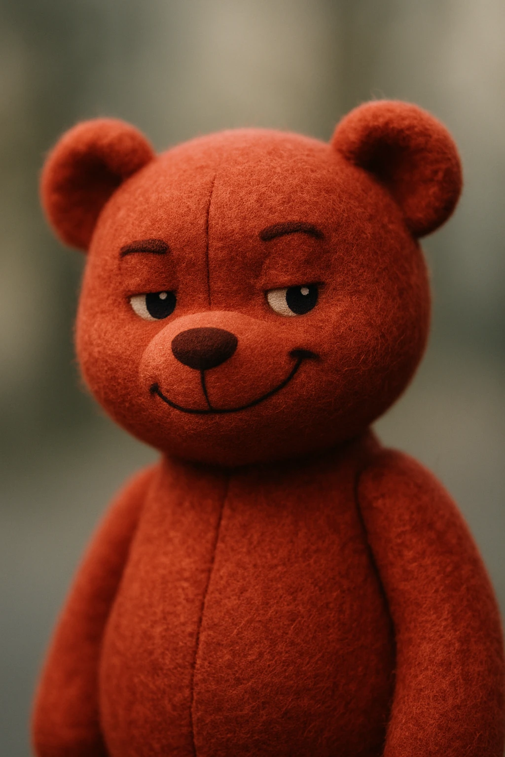 red teddy bear smirking, soft and plushy look emoji