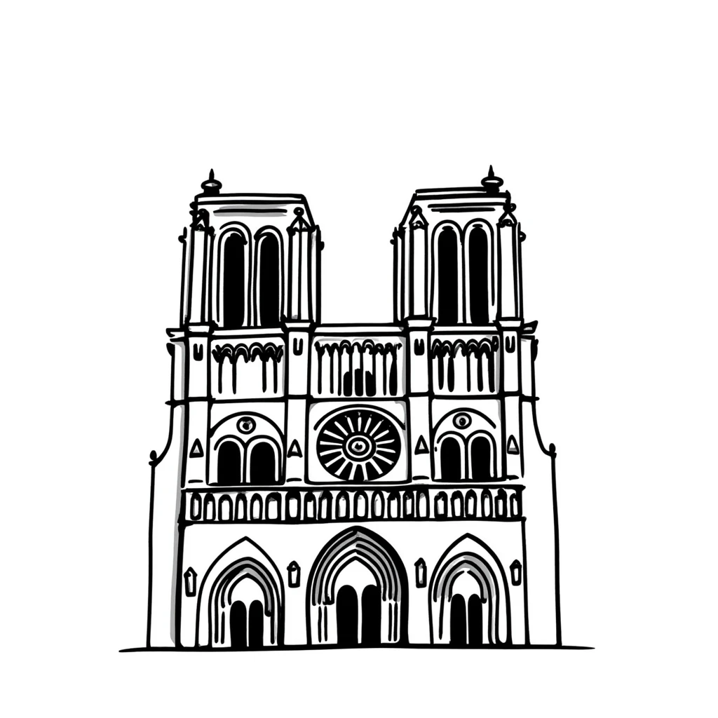 Notre Dame Cathedral in Paris with detailed Gothic architecture, spire, and rose window emoji