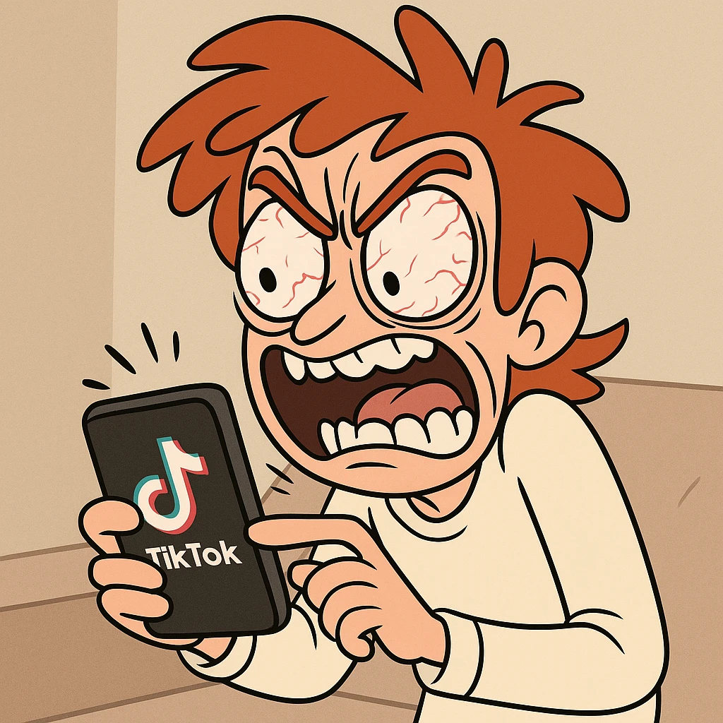 red-haired character frantically scrolling on a phone, TikTok logo visible, exaggerated crazy face, animated style emoji
