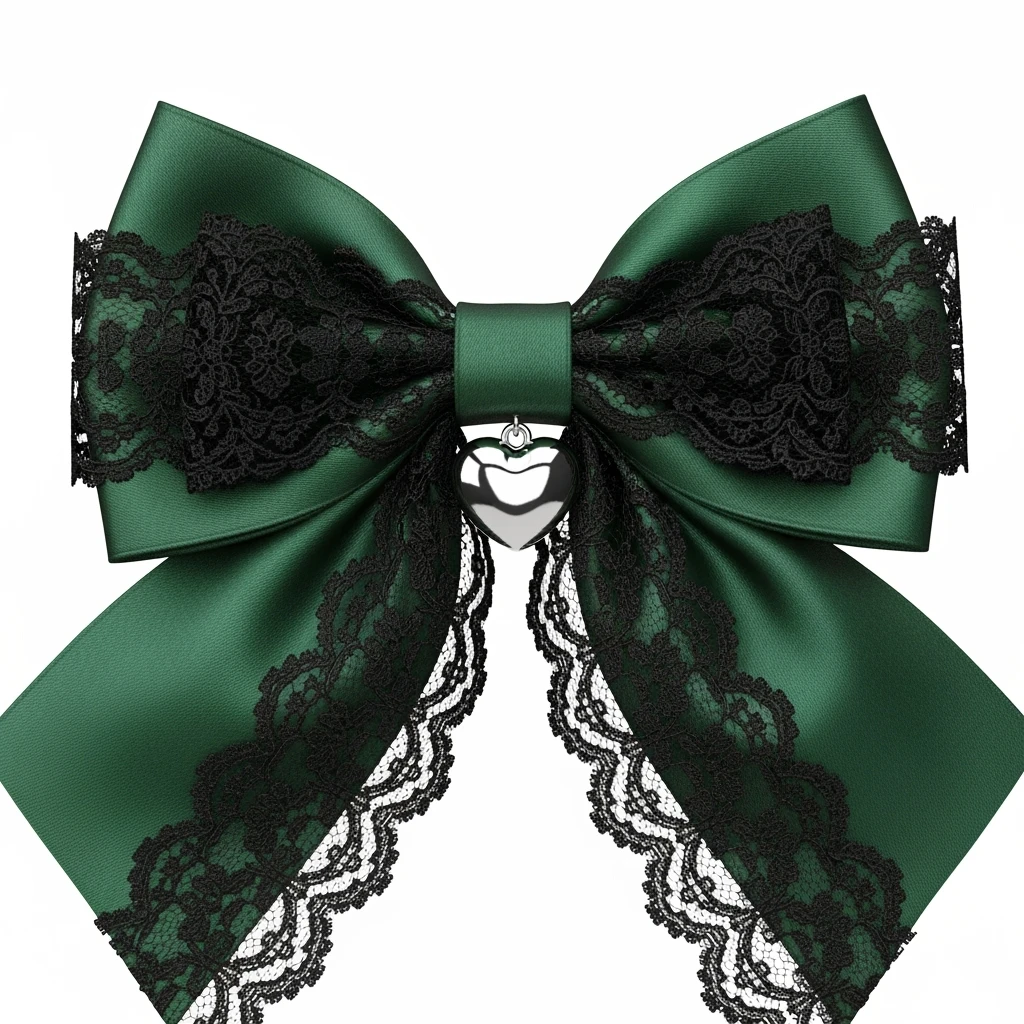 green gothic bow with black lace trim and heart charm, remove background emoji