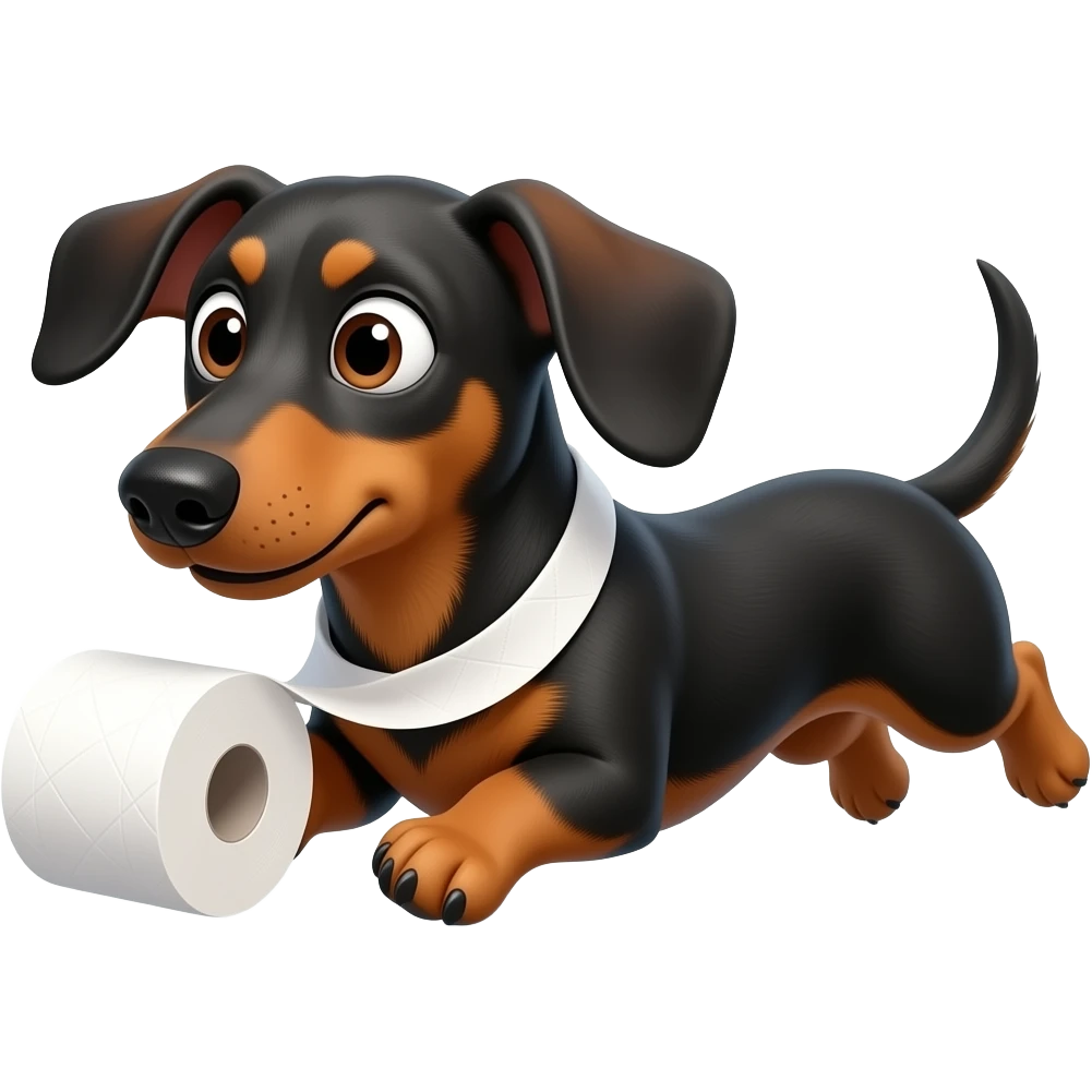 whimsical dachshund wide eyes full body chasing toilet paper emoji