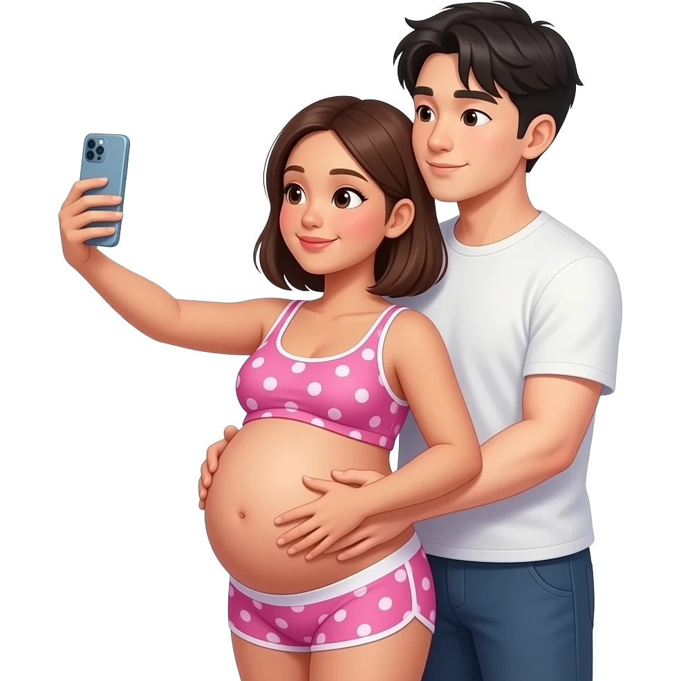 generate me a hot filipina with brown skin pregnant taking a mirror selfie with bangs and short hair with a hot korean guy with bangs hair besides her carrying her womb like doing a backhug. make them wear underwear. make the guy rest his head on the woman's shoulder like kissing her neck emoji