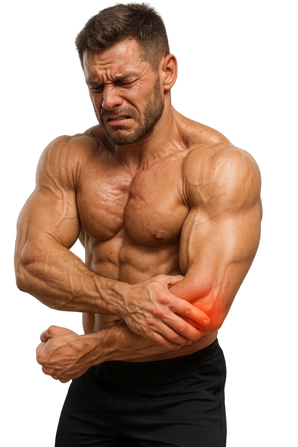 BODYBUILDER CHE HA DOLORI Al gomito, SI è INFORTUNATO CON L'ALLENAMENTO, iperrealistico 4k emoji