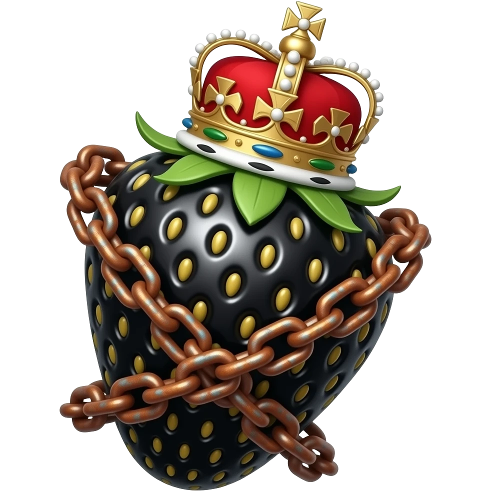 a black strawberry with a rusty, richly decorated English royal crown on top that is flaming. An oversized rusty chain is wrapped around the strawberry's body and is spinning around its body emoji
