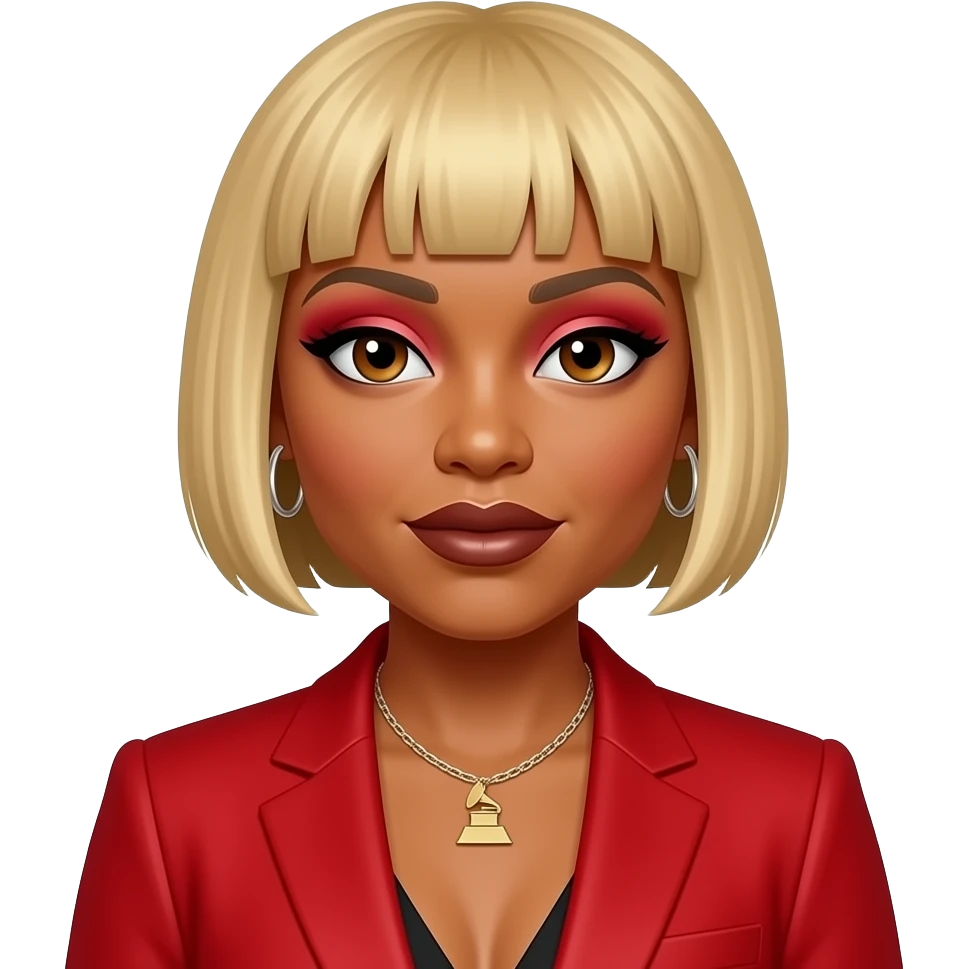 Tionne T-Boz Watkins from TLC with brown eyes, blonde micro-fringed bob hair, red eyeshadow, dark brown lipstick, red grammy suit jacket, necklace and earrings emoji