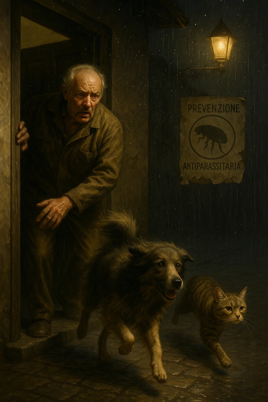 Un uomo anziano in tuta da lavoro, con espressione angosciata, tiene aperta la porta di casa mentre il suo cane (un meticcio a pelo lungo) e il gatto (soriano) scappano nella strada buia sotto la pioggia. Particelle di polvere/pulci fluttuano nell'aria illuminata dal lampione. Sullo sfondo, un poster strappato del veterinario con scritto 'Prevenzione antiparassitaria'. Stile fotorealistico, illuminazione Caravaggesca, toni grigi e ocra. in italiano emoji