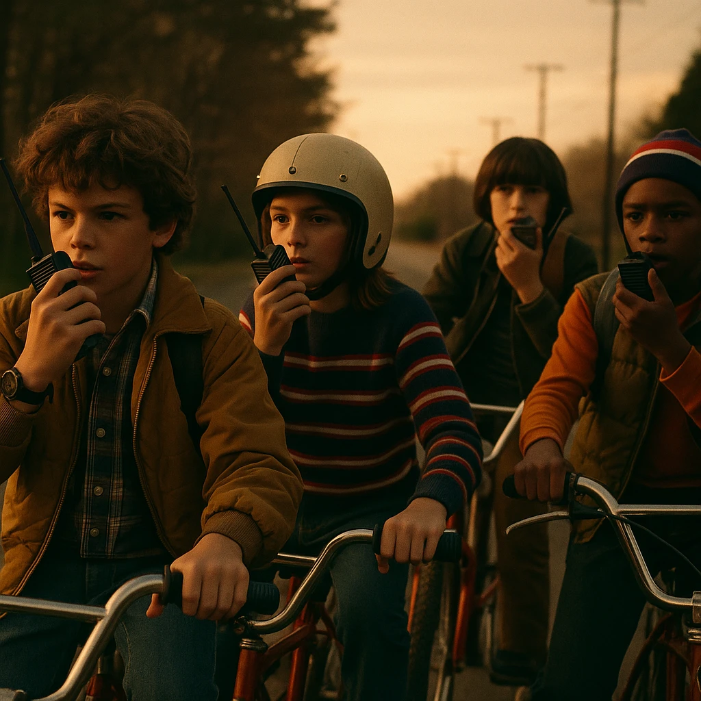A group of kids on bikes with walkie-talkies, 1980s vibe, inspired by Stranger Things, nostalgic, cinematic style emoji