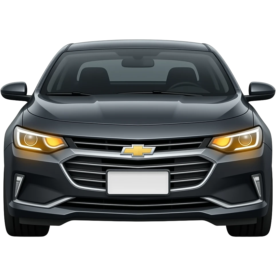 A realistic icon emoji of a metallic black sedan Chevrolet Malibu 2.0L Turbo Premier, dark charcoal tint windows, black alloy 5-spoke rims, Dynamic amber glow LED headlights with sharp laser-beam effect, number in plate emoji