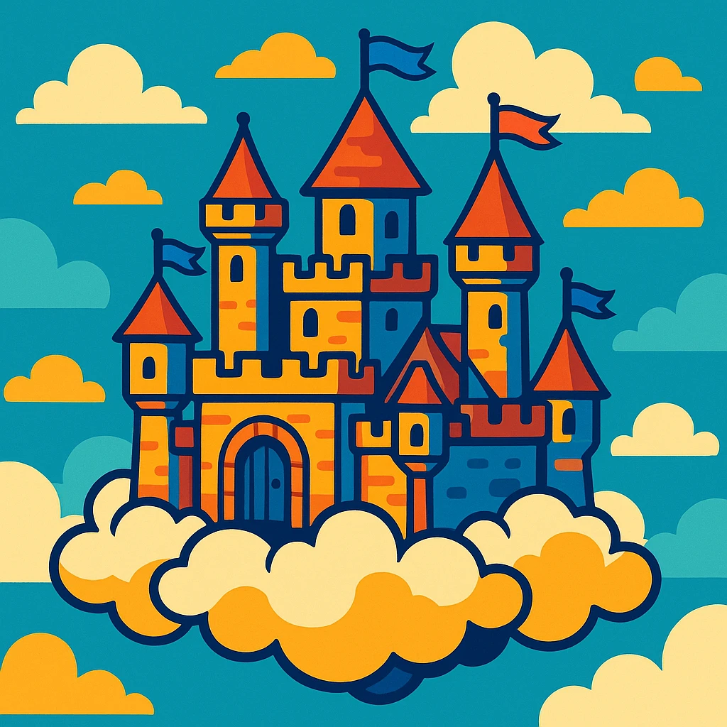floating castle above the clouds, vibrant cartoon fantasy style emoji