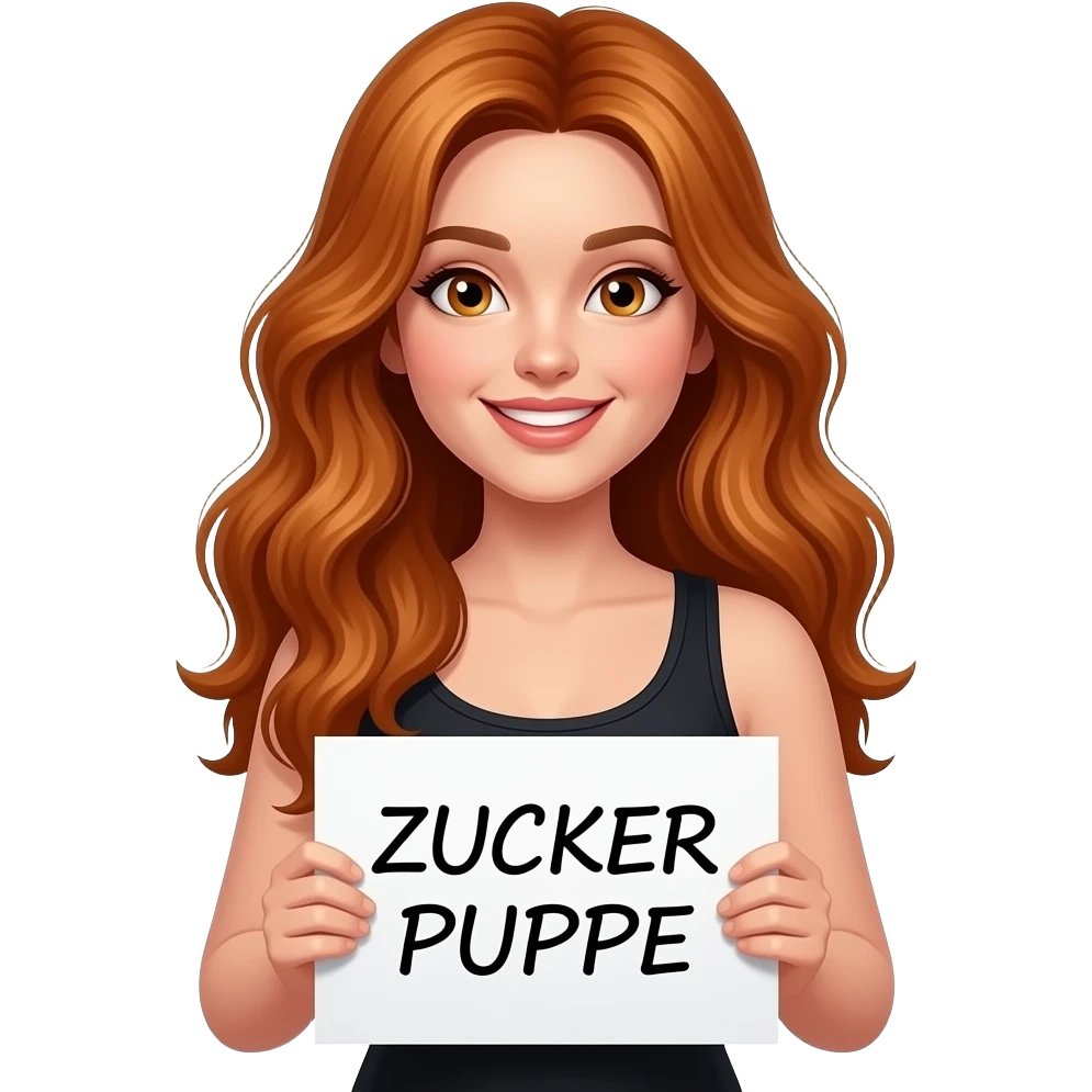 sexy girl with long wavy ginger hair and ginger eyes wearing a black tanktop is holding a white sign with ZUCKER PUPPE written on it emoji