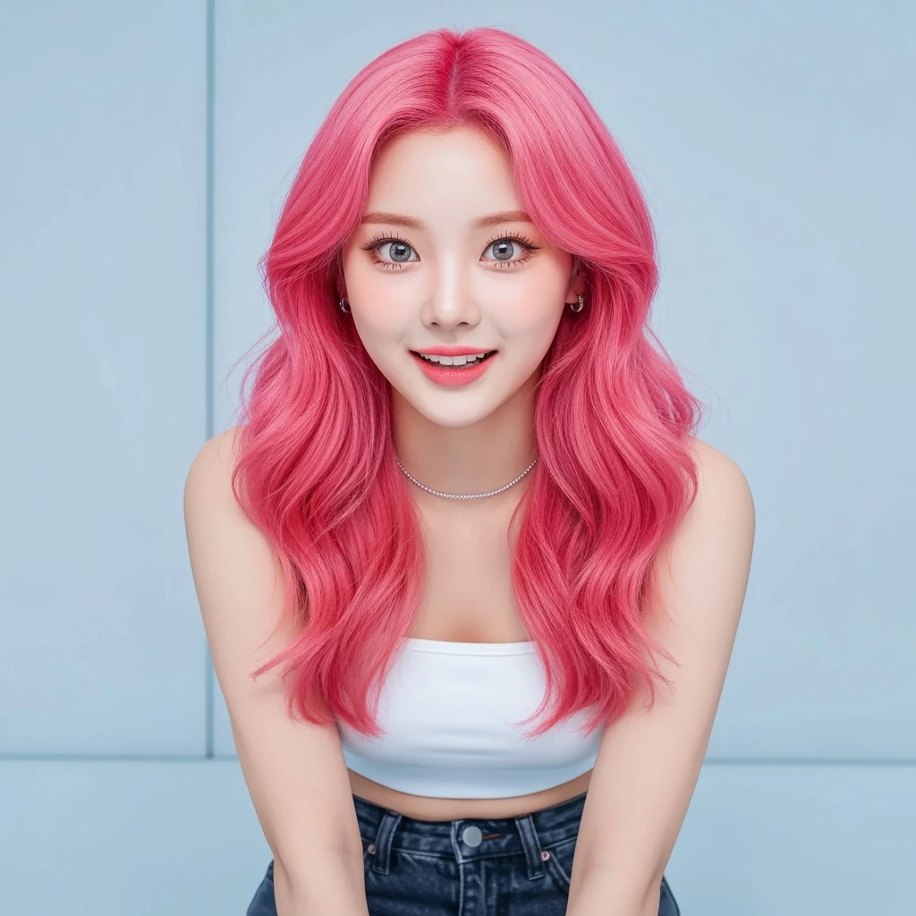 kpop girl with pink hair, cute, expressive, minimal emoji