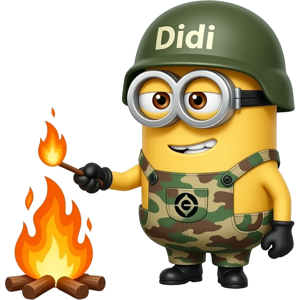 minion in army fatigues lighting a fire Text Didi on the helmet  burn baby burn emoji