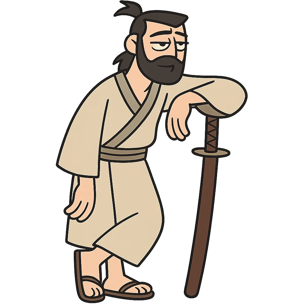 chill samurai, leaning on sword, casual stance, calm vibe, contemporary cartoon emoji