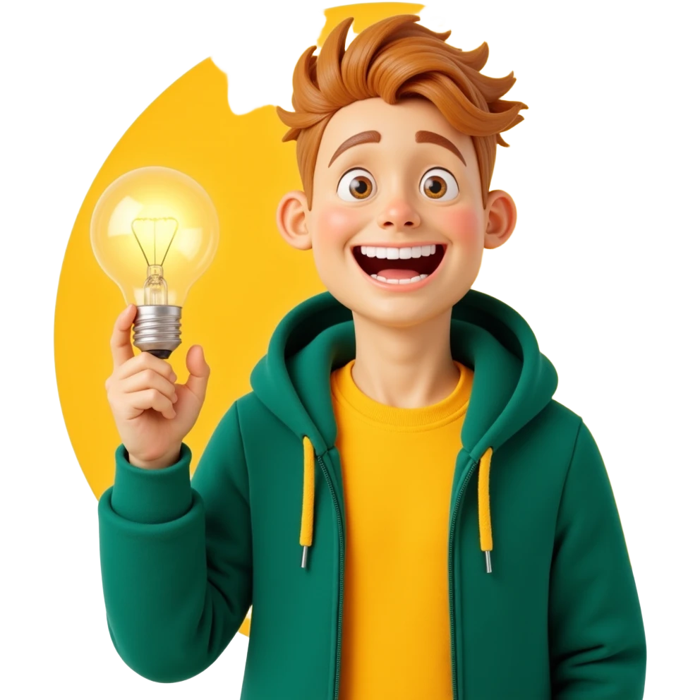 bright and expressive male visionary, fair skin, tousled golden hair, wide joyful eyes, wearing a green hoodie over a yellow tee, one hand raised with a glowing lightbulb, waist-up, front-facing emoji