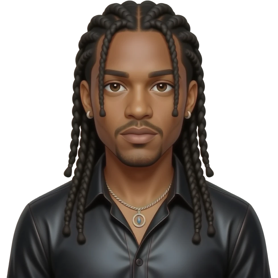 Sean Paul with dark brown eyes, long black cornrows, black metallic blouse, necklace and earrings emoji