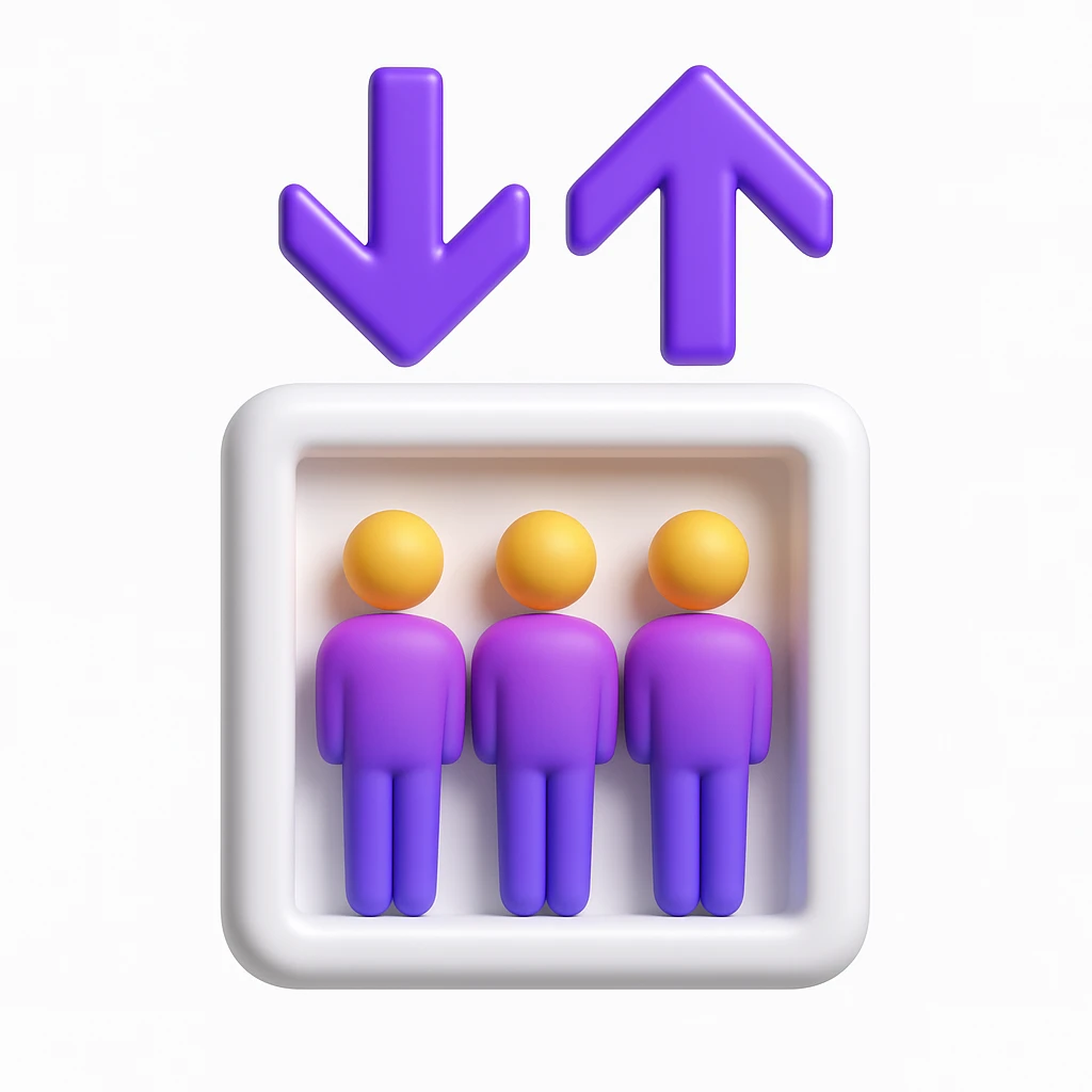 Convert this elevator icon to a 3D emoji style with a white elevator and purple arrows, three people inside. The style should be glossy and vibrant, resembling Microsoft style 3D fluent emojis. emoji