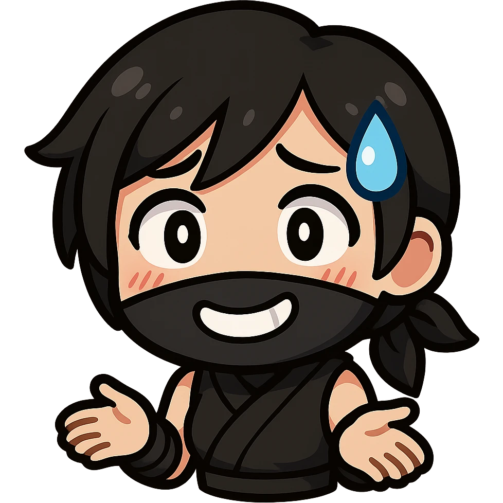 Sexy chibi ninja girl with black short hair and a blonde streak, only head and arms, colorful chibi style with bold outlines, transparent background, no mask, nervous expression with a big sweat drop and awkward smile, sized for Twitch emoji use. emoji