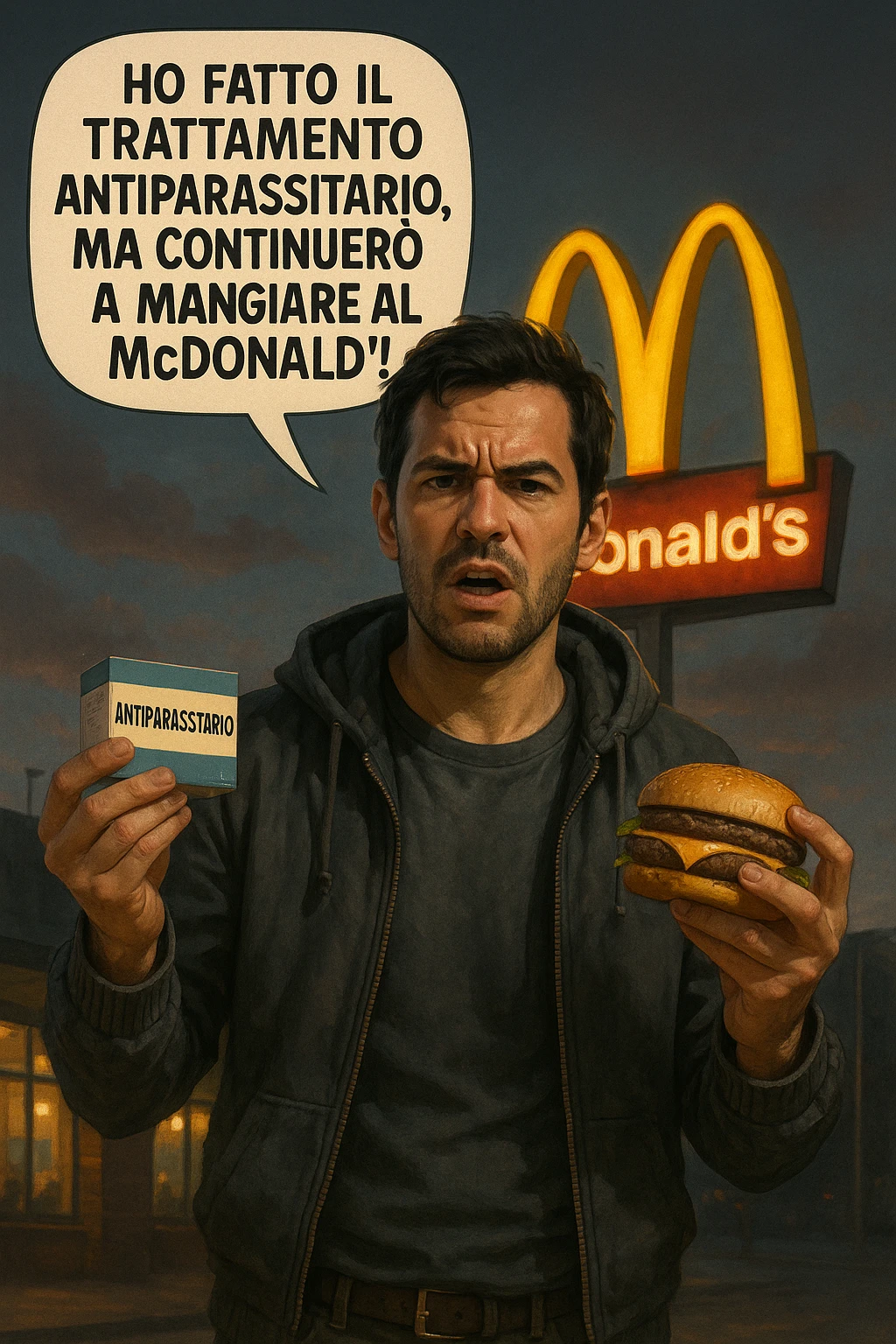 A realistic, cinematic illustration of a man in his early 30s with a confused yet stubborn expression, standing outside a McDonald's at dusk, holding a small box labeled 'Antiparasitic Treatment' in one hand while holding a large McDonald's burger in the other. He is mid-sentence, saying 'Ho fatto il trattamento antiparassitario, ma continuerò a mangiare al McDonald!' in an expressive speech bubble. The man wears casual streetwear, and behind him, the McDonald's golden arches glow under a neon-lit sky. The mood is ironic and educational, highlighting the contradiction of doing parasite cleanses while continuing unhealthy fast-food habits. The style is realistic with slight illustrative clarity, emphasizing the message humorously while maintaining a serious undertone about lifestyle choices and health in italiano emoji
