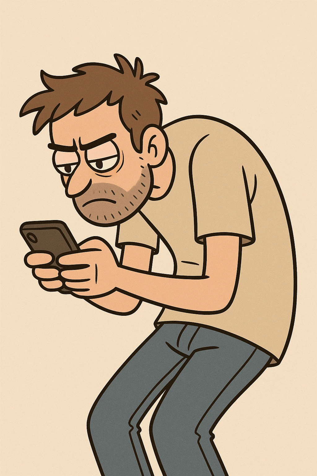 a man hunched over his cell phone, cartoon style illustration emoji