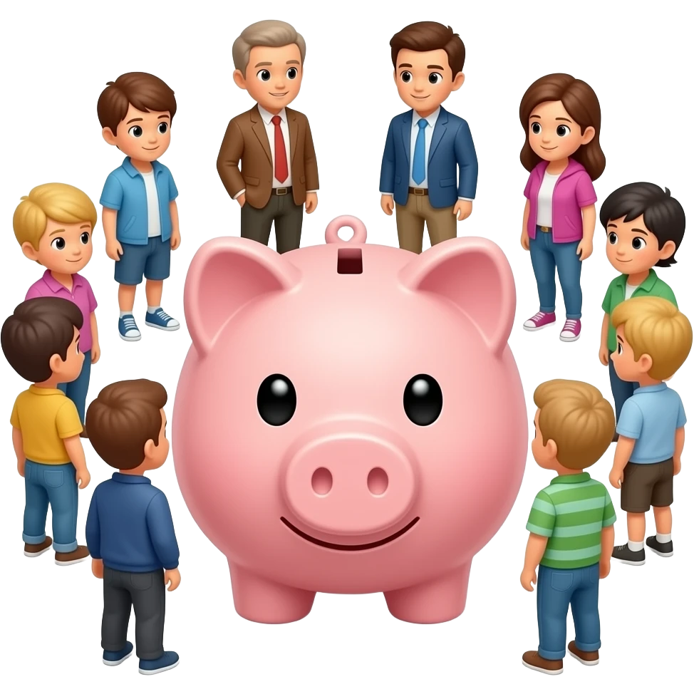 piggy bank and small people standing around it looking at it emoji style emoji