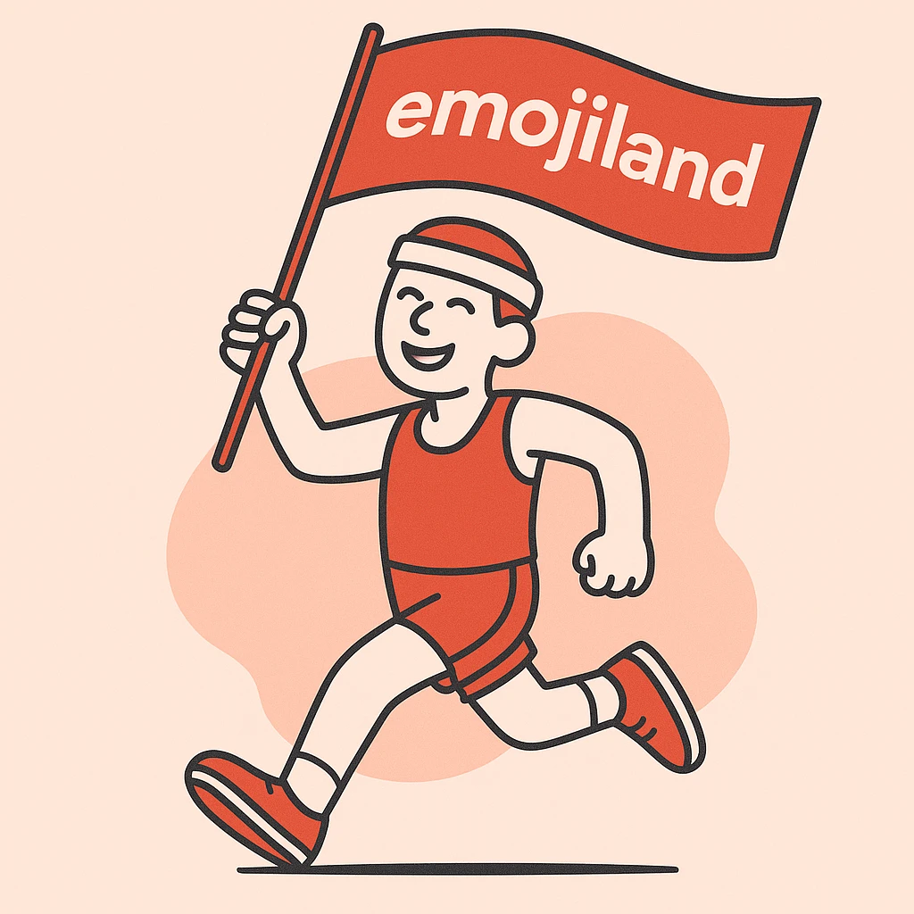 happy runner waving a flag that says 'emojiland' emoji