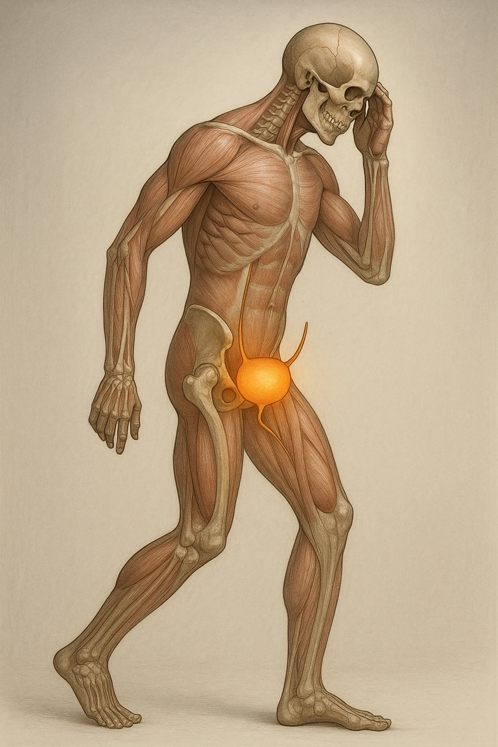 CORPO UMANO ANATOMICO CHE SI SVEGLIA LA NOTTE PER SVUOTARE LA VESCICA, VESCICA ANATOMICA IN EVIDENZA, SFONDO CHIARO NEUTRO emoji