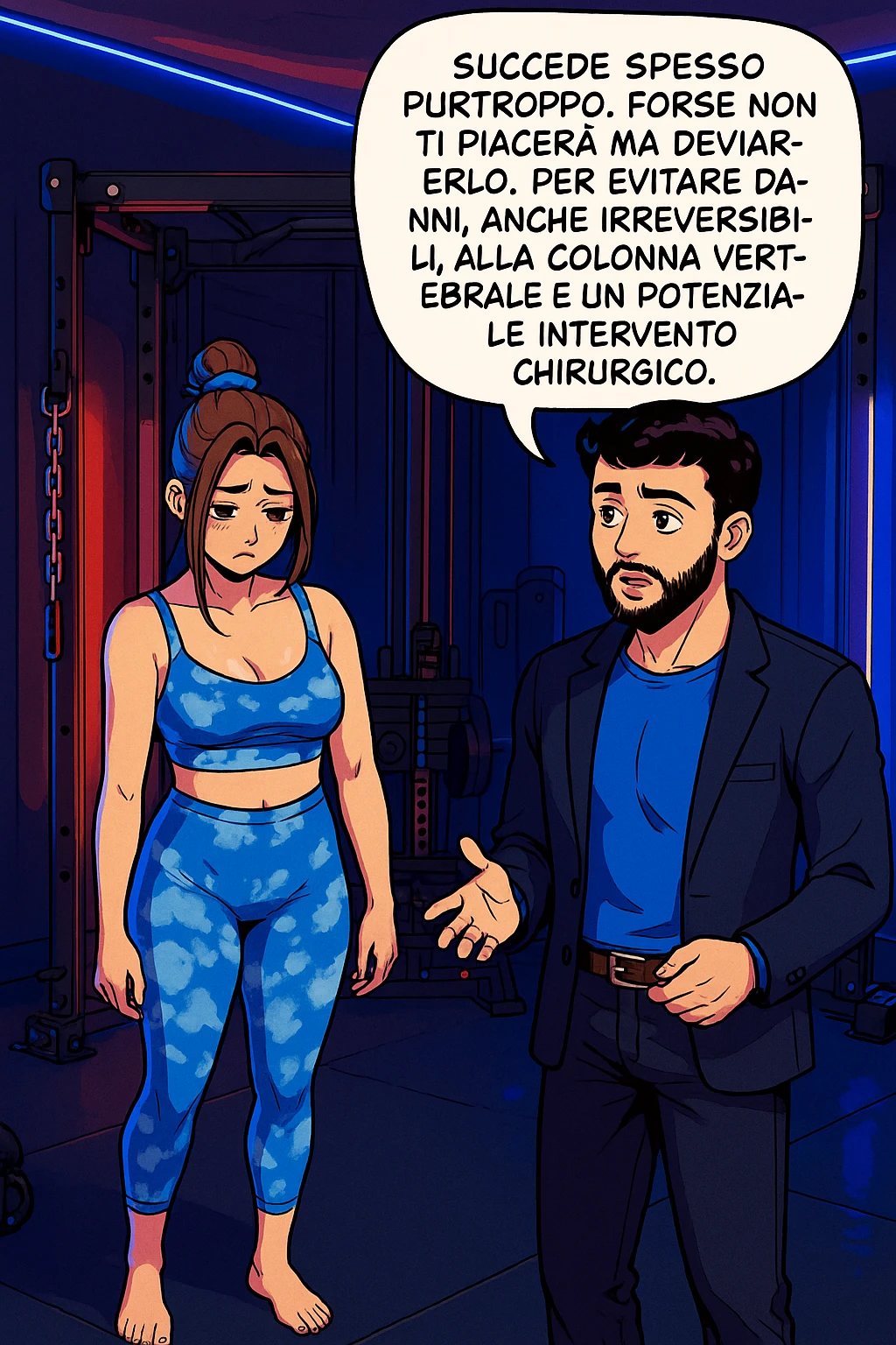 fai questa immagine in versione fumetto/manga/webtoon a colori, il manga mostra l'uomo che risponde alla donne:
Succede spesso purtroppo. 
Forse non ti piacerà ma devi saperlo, per evitare danni, anche irreversibili, alla colonna vertebrale e un potenziale intervento chirurgico. emoji