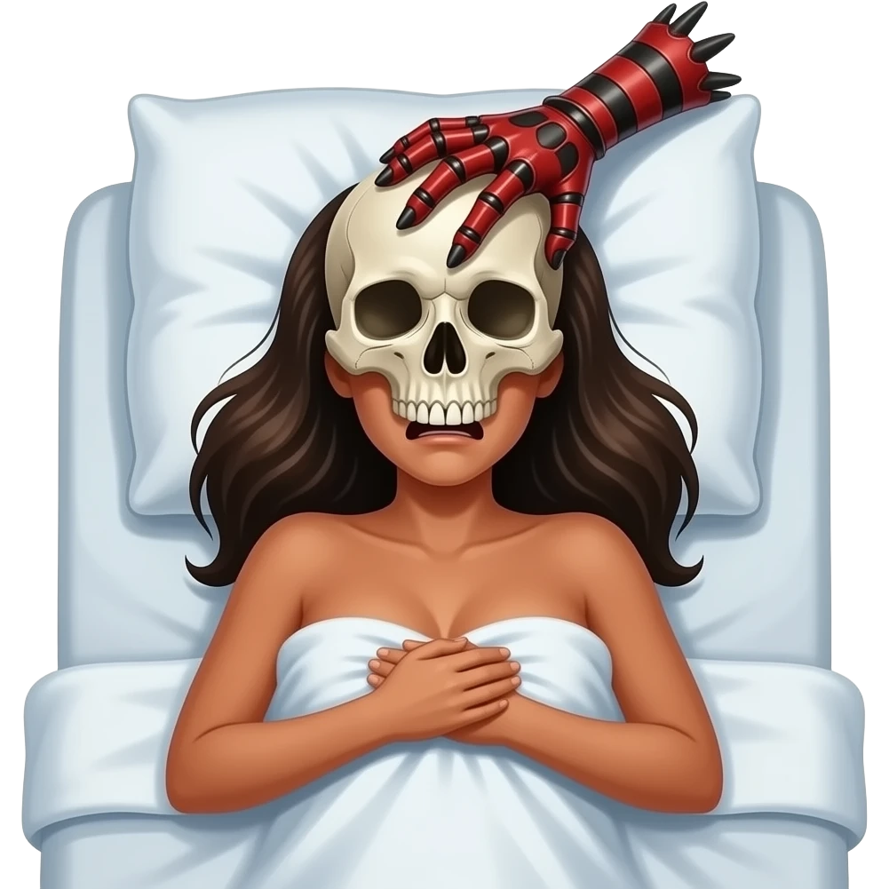 top view of a terrified deeply tanned naked woman lying in bed clutching the bed sheets. A skull with eyeballs in the sockets stretches his Freddy Krueger glove above her head emoji