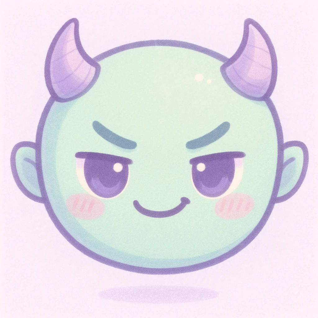devil emoji, chibi style, pastel palette with mint green and soft purple colors, tiny horns, cute but mischievous expression emoji