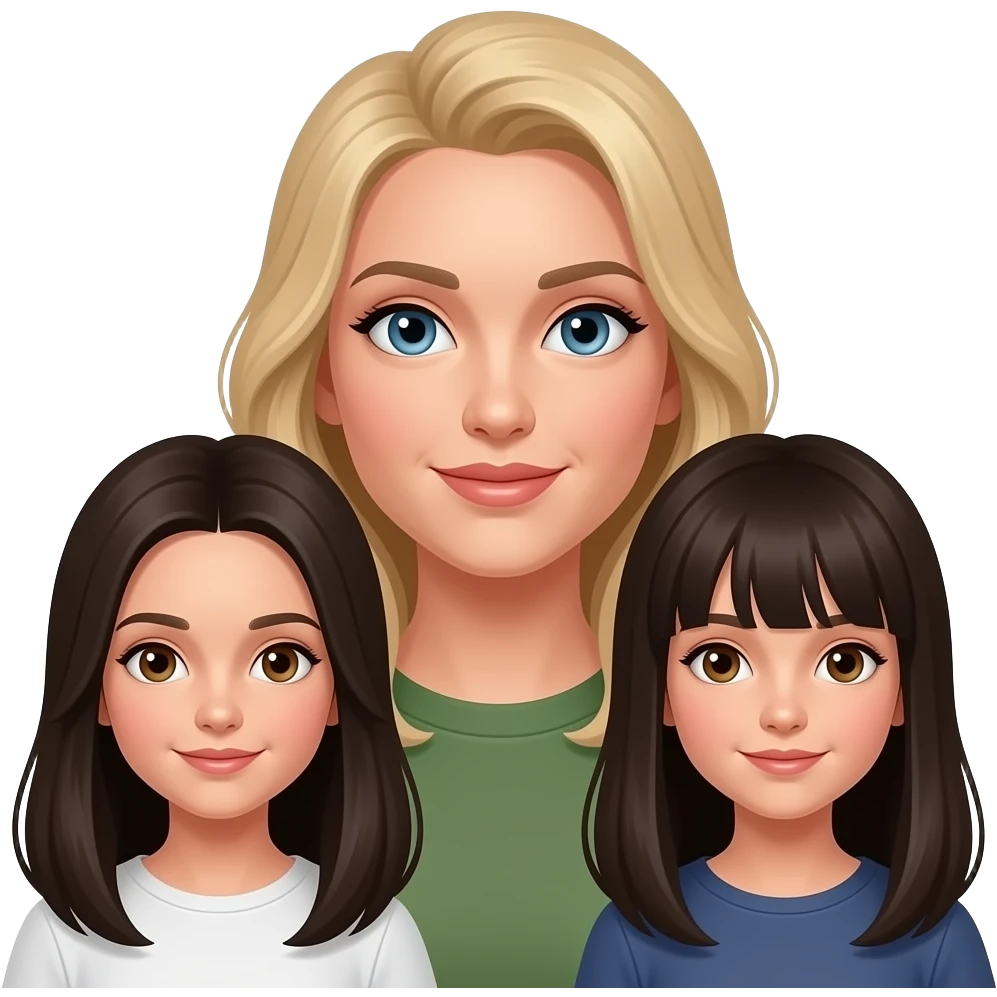 Woman with long blond hair blue eyes with 2 dark haired daughters with brown eyes emoji