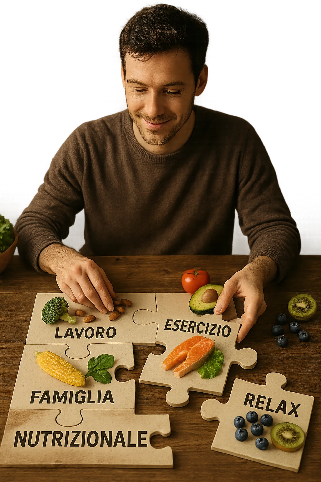 realistica cinematic photo a person is surrounded by puzzle pieces, each representing a different aspect of their life (Lavoro, Esercizio, Famiglia, Relax), and healthy foods are integrated into each piece. The person assembles the puzzle, creating a complete, personalized nutrition plan. The mood is uplifting and creative. in italiano emoji
