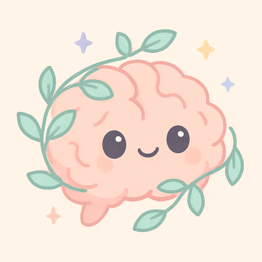 a brain entwined with a leafy vine, radiating warmth and calm, symbolizing growth and healing, soft pastel palette, gentle glow, cozy and nurturing atmosphere, warm tones, representing positive mental health, mental health support theme, stylized, uplifting emoji