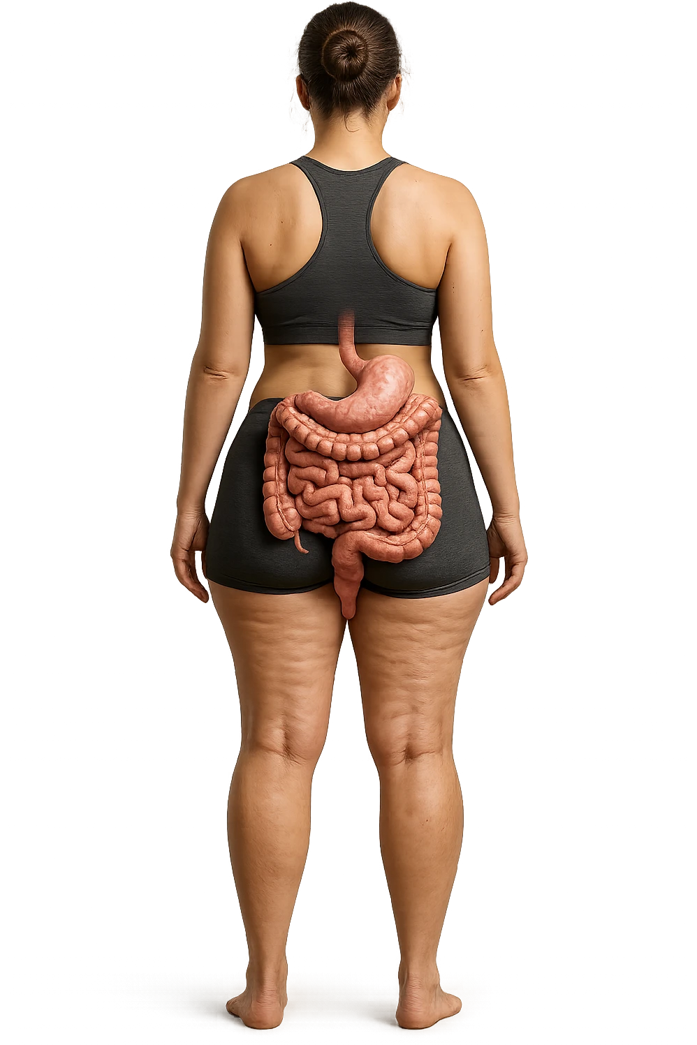 una donna di spalle a figura intera in gym shorts con cellulite e intestino umano anatomico, iperrealistica 4k
 emoji