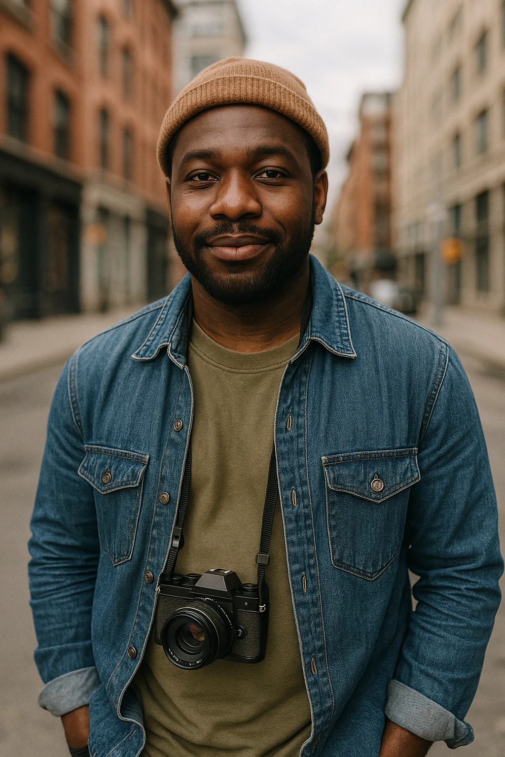 A black man with a camera around his neck, candid pose, urban background. emoji