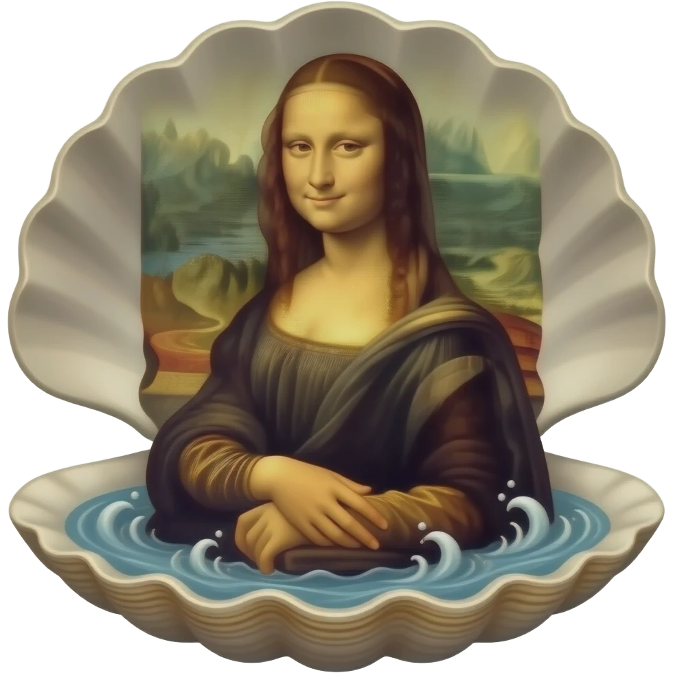cinematic realistic - the ethereal body of Venus from Sandro Botticelli's painting, born from sea foam and standing in a shell, but with the face of Da Vinci's Mona Lisa emoji