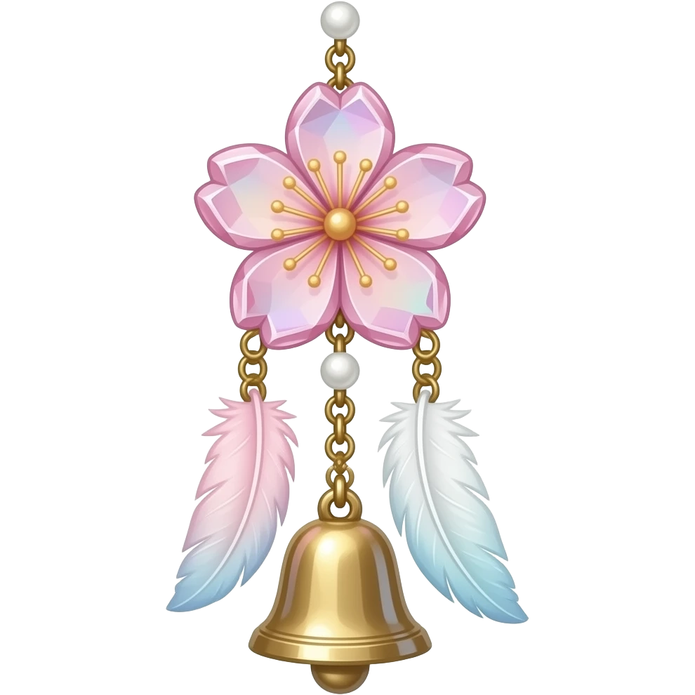 Hanging Iridescent pastel pink sakura crystals white-pearly suncatcher with bells and feathers emoji