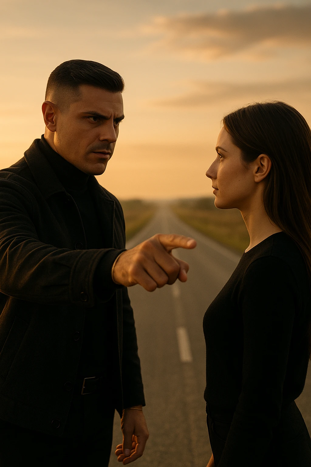 Cinematic photo of a confident man giving clear direction to a woman, standing in front of her with a firm but calm expression, pointing forward as if showing her the path to follow. The man is dressed in a dark jacket, embodying the role of a commander, while the woman looks at him attentively, ready to follow. The setting is an open road at sunrise with soft golden light, symbolizing new beginnings and leadership. Shot from a side angle, capturing both profiles with a clear view of his guiding gesture. emoji