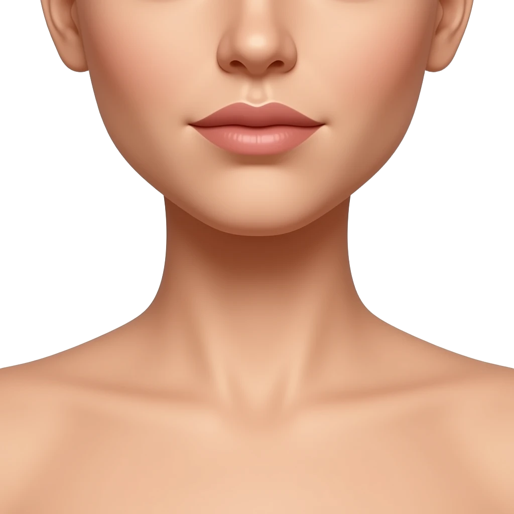 Tight cropped shot of a female body showing only the lower portion of the neck and upper chest (collarbone area), head and face completely out of frame, no shoulders above the collarbone visible, composition limited strictly to the lower half of the neck downward, emoji